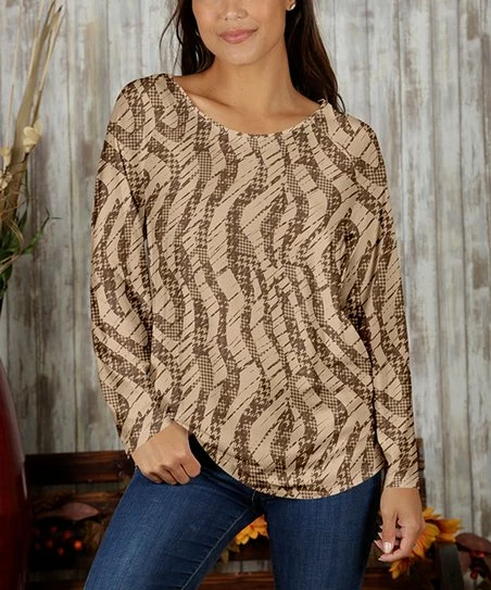 Promo βοΈ Bon Apple Tea Brown & Beige Wave Long-Sleeve Scoop Neck Tunic - π© Women & Plus β€οΈ 1 Promo βοΈ Bon Apple Tea Brown & Beige Wave Long-Sleeve Scoop Neck Tunic - π© Women & Plus β€οΈ