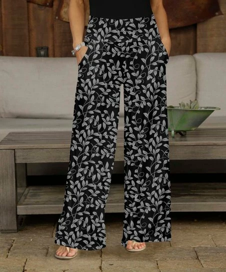 Flash Sale βοΈ Bon Apple Tea Black & Gray Leaves Pocket Wide-Leg Pants - π© Women & Plus π 1 Flash Sale βοΈ Bon Apple Tea Black & Gray Leaves Pocket Wide-Leg Pants - π© Women & Plus π