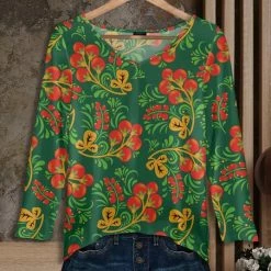 Brand new 👏 Bon Apple Tea Green & Red Floral Long-Sleeve V-Neck Tunic - 👩 Women & Plus 🧨