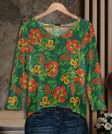 Brand new π Bon Apple Tea Green & Red Floral Long-Sleeve V-Neck Tunic - π© Women & Plus 𧨠1 Brand new π Bon Apple Tea Green & Red Floral Long-Sleeve V-Neck Tunic - π© Women & Plus π§¨