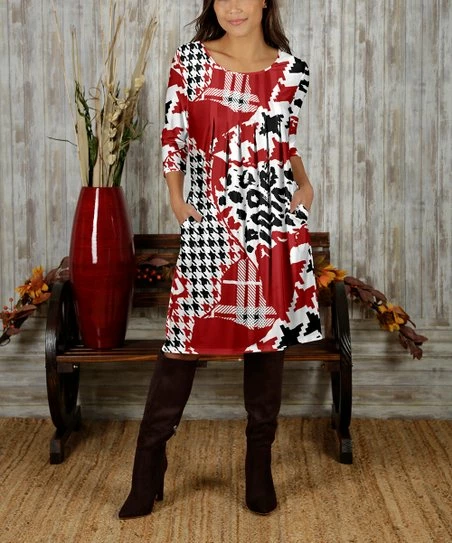 Wholesale π€© Bon Apple Tea Red & Black Abstract Houndstooth Pleated Pocket Shift π Dress - π© Women & Plus 𧨠1 Wholesale π€© Bon Apple Tea Red & Black Abstract Houndstooth Pleated Pocket Shift π Dress - π© Women & Plus π§¨