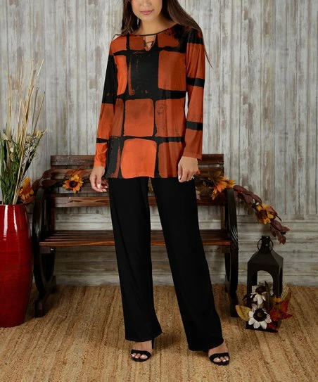 Best deal π Bon Apple Tea Rust Block Keyhole Long-Sleeve Tunic & Black Pants - π© Women & Plus π 1 Best deal π Bon Apple Tea Rust Block Keyhole Long-Sleeve Tunic & Black Pants - π© Women & Plus π