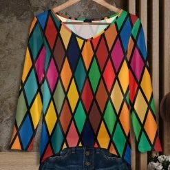 Promo 😍 Bon Apple Tea Blue & Yellow Diamond-Print Long-Sleeve V-Neck Tunic - 👩 Women & Plus ✨