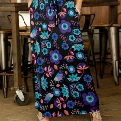 Promo 😉 Bon Apple Tea Black & Blue Floral Drawstring-Waist Pocket Maxi 👗 Skirt - 👩 Women & Plus ❤️