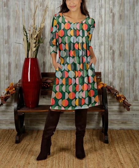 Buy ๐งจ Bon Apple Tea Green & Red Geometric Pleated Pocket Shift ๐ Dress - ๐ฉ Women & Plus โ๏ธ