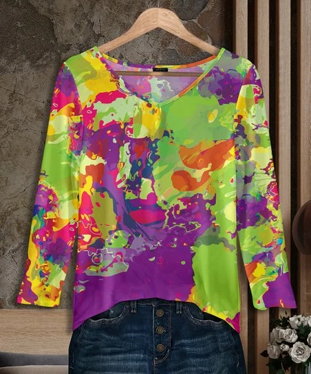 New π Bon Apple Tea Green & Purple Abstract Long-Sleeve V-Neck Tunic - π© Women & Plus π