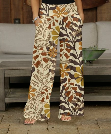 Flash Sale π Bon Apple Tea Cream & Beige Palm Leaf Pocket Wide-Leg Pants - π© Women & Plus π 1 Flash Sale π Bon Apple Tea Cream & Beige Palm Leaf Pocket Wide-Leg Pants - π© Women & Plus π