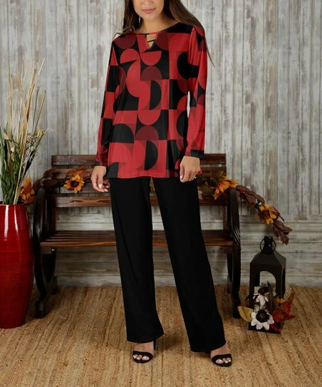 Brand new π Bon Apple Tea Red Geometric Keyhole Long-Sleeve Tunic & Black Pants - π© Women & Plus β¨ 1 Brand new π Bon Apple Tea Red Geometric Keyhole Long-Sleeve Tunic & Black Pants - π© Women & Plus β¨