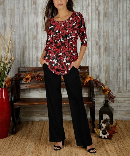 Best deal π Bon Apple Tea Red Floral Pleated Top & Black Straight-Leg Pants - π© Women & Plus π§¨