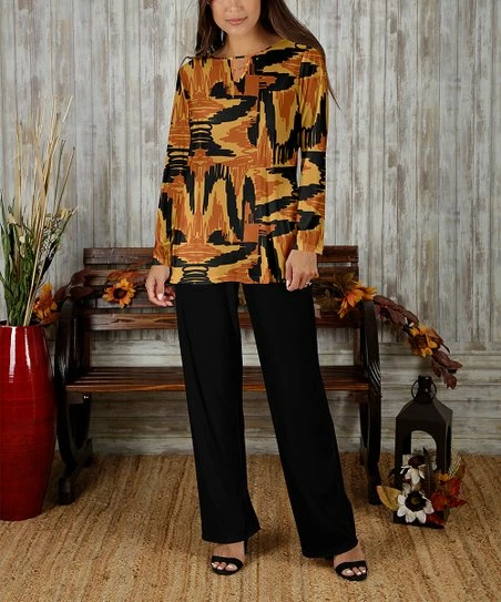 Buy βοΈ Bon Apple Tea Orange & Black Abstract Keyhole Tunic & Pants - π© Women & Plus π€©