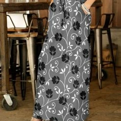 Budget ✨ Bon Apple Tea Gray & Black Floral Drawstring Maxi 👗 Skirt - 👩 Women & Plus ❤️