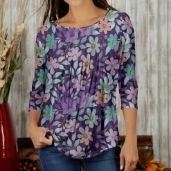Best deal 🛒 Bon Apple Tea Purple & Mint Floral Pleated Crewneck Top - 👩 Women & Plus ⭐