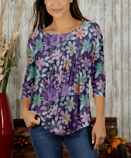 Best deal π Bon Apple Tea Purple & Mint Floral Pleated Crewneck Top - π© Women & Plus β