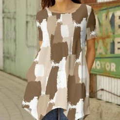 Hot Sale ✨ Bon Apple Tea Beige & White Abstract Handkerchief Tunic - 👩 Women & Plus ❤️
