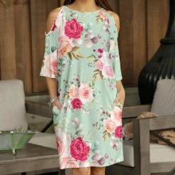 Deals ✨ Bon Apple Tea Mint & Pink Floral Pocket Cutout Shift 👗 Dress - 👩 Women & Plus 💯