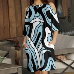 Outlet 🎉 Bon Apple Tea Black & Blue Abstract Pocket Cutout Shift 👗 Dress - 👩 Women & Plus 🎁