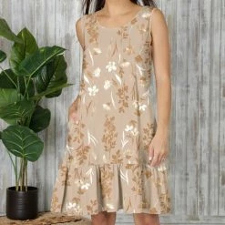 Best reviews of 👍 Bon Apple Tea Taupe & Beige Flroal Sleeveless Pocket Shift 👗 Dress - 👩 Women & Plus 🔔