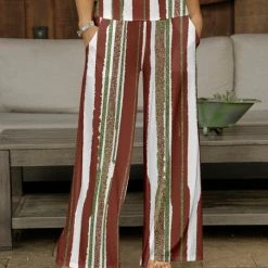 Brand new 😍 Bon Apple Tea Burgundy & Green Stripe Pocket Palazzo Pants - 👩 Women & Plus 🧨