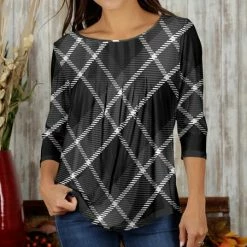 Budget ✔️ Bon Apple Tea Gray & White Plaid Boatneck Three-Quarter Sleeve Top - 👩 Women & Plus ❤️