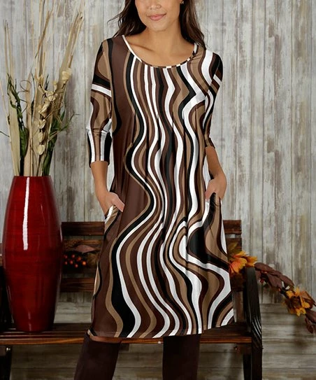 Wholesale π Bon Apple Tea Brown & White Squiggle Pocket A-Line π Dress - π© Women & Plus β 1 Wholesale π Bon Apple Tea Brown & White Squiggle Pocket A-Line π Dress - π© Women & Plus β