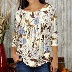 Promo 😉 Bon Apple Tea Cream & White Floral Pleated Three-Quarter Sleeve Top - 👩 Women & Plus 👍
