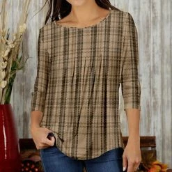 Deals 🤩 Bon Apple Tea Beige & Black Plaid Pleated Three-Quarter Sleeve Top - 👩 Women & Plus 😉