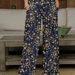 Wholesale 👍 Bon Apple Tea Navy & Beige Curlicue Pocket Wide-Leg Pants - 👩 Women & Plus 🥰
