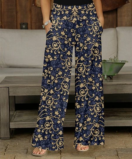 Wholesale ๐ Bon Apple Tea Navy & Beige Curlicue Pocket Wide-Leg Pants - ๐ฉ Women & Plus ๐ฅฐ