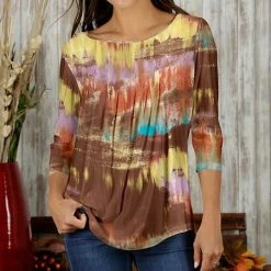Promo 👏 Bon Apple Tea Brown & Yellow Abstract Pleated Three-Quarter Sleeve Top - 👩 Women & Plus 💯