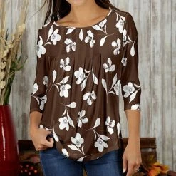 Budget 🎉 Bon Apple Tea Brown & White Tulip Pleated Three-Quarter Sleeve Top - 👩 Women & Plus 🎁