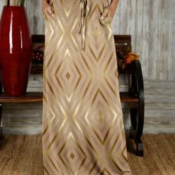 Best Sale ✨ Bon Apple Tea Beige & Goldtone Diamond Drawstring Pocket Maxi 👗 Skirt - 👩 Women & Plus 😉