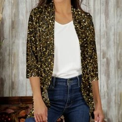 Best deal 🔔 Bon Apple Tea Goldtone & Black Speckle Ruffle Open Cardigan - 👩 Women & Plus 🔔