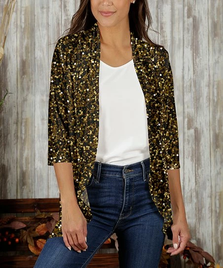 Best deal 🔔 Bon Apple Tea Goldtone & Black Speckle Ruffle Open Cardigan - 👩 Women & Plus 🔔