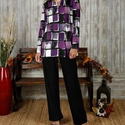 Cheap 👍 Bon Apple Tea Purple Abstract Keyhole Tunic & Black Straight-Leg Pants - 👩 Women & Plus 🧨