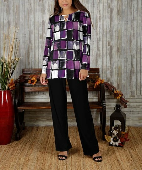Cheap π Bon Apple Tea Purple Abstract Keyhole Tunic & Black Straight-Leg Pants - π© Women & Plus 𧨠1 Cheap π Bon Apple Tea Purple Abstract Keyhole Tunic & Black Straight-Leg Pants - π© Women & Plus π§¨