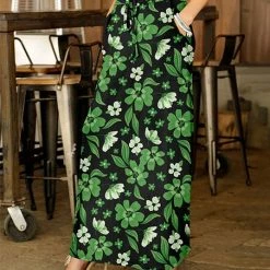 Cheap 🤩 Bon Apple Tea Green & Black Floral Pocket Drawstring Maxi 👗 Skirt - 👩 Women & Plus ⭐