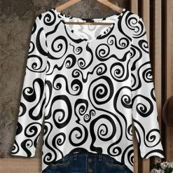 Best Pirce ❤️ Bon Apple Tea White & Black Swirl Long-Sleeve V-Neck Tunic - 👩 Women & Plus ⌛