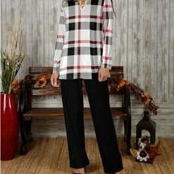 Discount 🌟 Bon Apple Tea White Plaid Keyhole Tunic & Black Straight-Leg Pants - 👩 Women & Plus ⌛