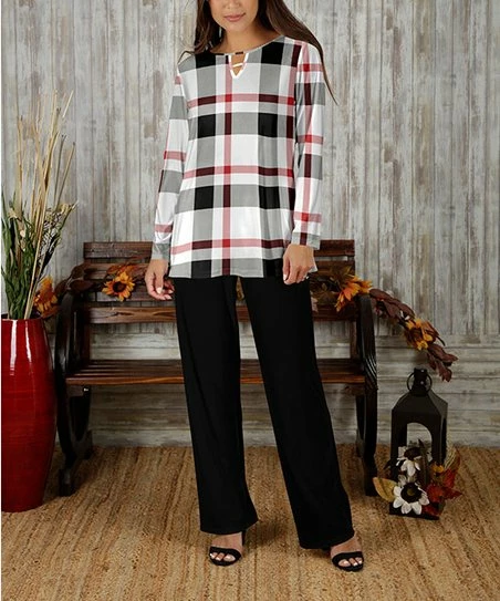 Discount π Bon Apple Tea White Plaid Keyhole Tunic & Black Straight-Leg Pants - π© Women & Plus β 1 Discount π Bon Apple Tea White Plaid Keyhole Tunic & Black Straight-Leg Pants - π© Women & Plus β