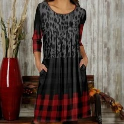 Hot Sale 🎁 Bon Apple Tea Black & Red Speckle Plaid Pleated Pocket Shift 👗 Dress - 👩 Women & Plus ⭐