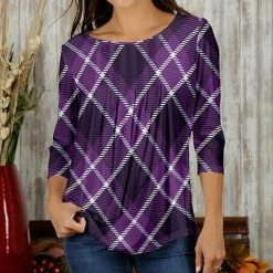 Discount 😍 Bon Apple Tea Purple & White Plaid Pleated Three-Quarter Sleeve Tunic - 👩 Women & Plus 😀