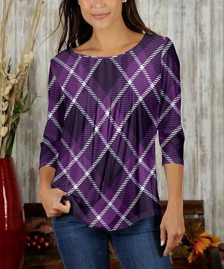 Discount π Bon Apple Tea Purple & White Plaid Pleated Three-Quarter Sleeve Tunic - π© Women & Plus π 1 Discount π Bon Apple Tea Purple & White Plaid Pleated Three-Quarter Sleeve Tunic - π© Women & Plus π