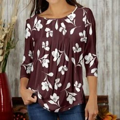 Coupon 🌟 Bon Apple Tea Burgundy & White Floral Pleated Three-Quarter Sleeve Tunic - 👩 Women & Plus 🌟