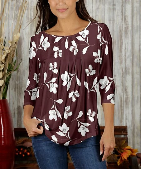 Coupon π Bon Apple Tea Burgundy & White Floral Pleated Three-Quarter Sleeve Tunic - π© Women & Plus π 1 Coupon π Bon Apple Tea Burgundy & White Floral Pleated Three-Quarter Sleeve Tunic - π© Women & Plus π