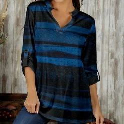 Best Sale 🔥 Bon Apple Tea Blue & Black Geometric Ombré Roll Tab-Sleeve Notch Neck Tunic - 👩 Women & Plus 🤩