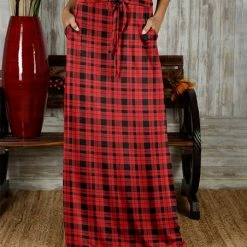 Top 10 💯 Bon Apple Tea Red & Black Plaid Pocket Drawstring Maxi 👗 Skirt - 👩 Women & Plus ❤️
