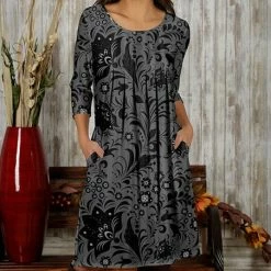 Budget 🎉 Bon Apple Tea Gray & Black Floral Pleated Pocket Shift 👗 Dress - 👩 Women & Plus 🎁