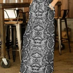 Hot Sale 🤩 Bon Apple Tea Gray & White Snake Embossed Drawstring Pocket Maxi 👗 Skirt - 👩 Women & Plus ❤️