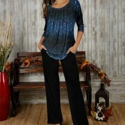 Best Pirce 🥰 Bon Apple Tea Blue Ombré Stripe Pleated Top & Black Straight-Leg Pants - 👩 Women & Plus 😍