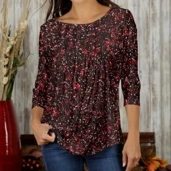 Top 10 🧨 Bon Apple Tea Black & Burgundy Floral Pleated Scoop Neck Top - 👩 Women & Plus 🎉